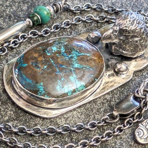 ONE OF A KIND Sand Cast Hawk Totem Pendant with Turquoise Fine Silver and Sterling Talisman Necklace Amulet Talisman image 1