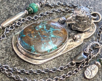 ONE OF A KIND Sand Cast Hawk Totem Pendant with Turquoise Fine Silver and Sterling Talisman Necklace Amulet Talisman