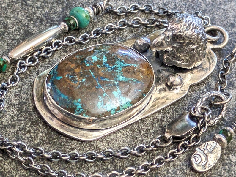 ONE OF A KIND Sand Cast Hawk Totem Pendant with Turquoise Fine Silver and Sterling Talisman Necklace Amulet Talisman image 1