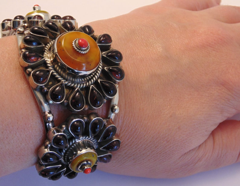 Boho Gypsy Ethnic Statement Bracelet Large Tibetan Silver Garnet Copal /& Coral Cuff Bracelet