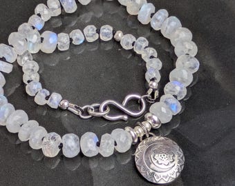 SZ Large Flower Moon - Moonstone Sterling Silver Tribal Anklet - Santa Fe Style Boho Ankle Bracelet