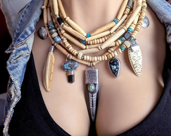 The Guardian Ancestral Sterling Silver Bone & Turquoise Fossil Necklace Hand Forged Necklace