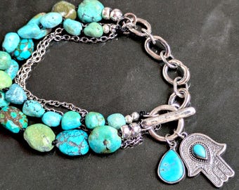 Schutz Amulett Sterling Silber Handgeschmiedet Layered Kette mit Türkis Chamsa Armband