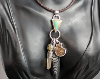 Ancient Beings Natural Moroccan Black Orthoceras and Ammolite Fossils with Tangerine Lemurian and Turquoise Sterling Silver Talisman
