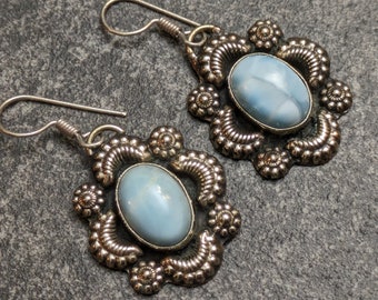 Larimar Drop Earrings - Ethnic Silver Boho Statement Earrings Santa Fe Style