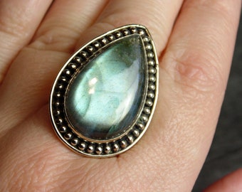 Firey Blue Labradorite Ring Fully Adjustable Sizes 8-10 - Tribal Ethnic Statement Ring Boho