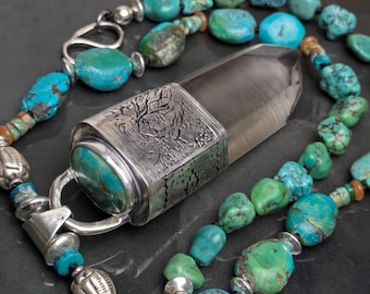White Buffalo Calf Woman Earth Guardian Smokey Lemurian Quartz, Turquoise Carnelian Sterling Talisman Necklace