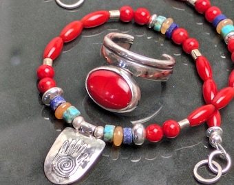Ankle Bracelet & Toe Ring Set Sterling Silver Coral Turquoise Lapis Carnelian - Adjustable -  Ethnic Boho Statement Toe Ring