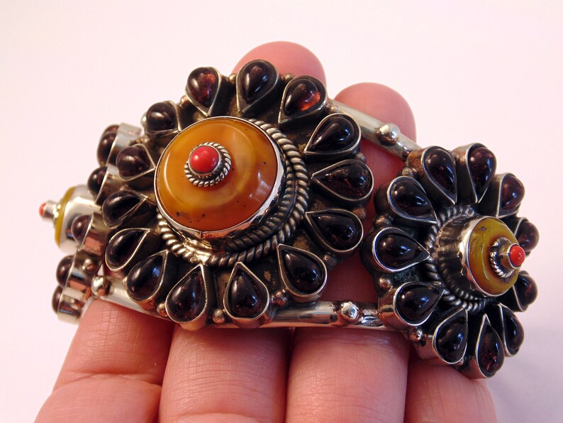 Boho Gypsy Ethnic Statement Bracelet Large Tibetan Silver Garnet Copal /& Coral Cuff Bracelet