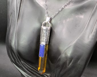 Handgeschmiedete und Säure geätzte Sterling Silber Große Natürliche Citrin und Lapis Lazuli Tribal Talisman Halskette