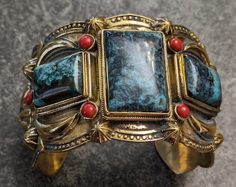 Large Turquoise Coral and Bronze Cuff Bracelet