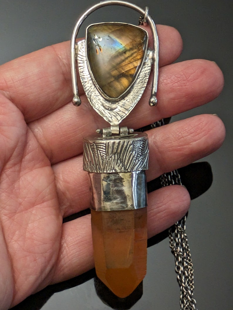 Large Rare Tangerine Lemurian Seed Quartz Hand Forged Sterling Silver Labradorite Talisman Necklace image 2