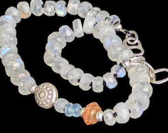 ムーンストーン、サンストーン、アクアマリン、スターリングシルバーのトライバルアンクレット - サンタフェスタイル ボヘミアン コチ アンクルブレスレット