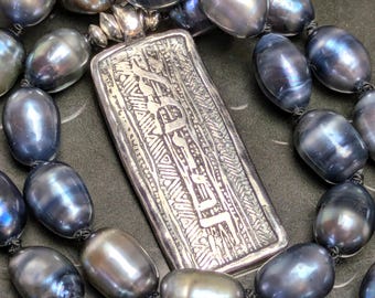 Sterling Silver & Freshwater Pearls Etched Hebrew Emunah Faith Talisman/ Amulet Necklace