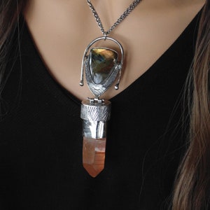 Large Rare Tangerine Lemurian Seed Quartz Hand Forged Sterling Silver Labradorite Talisman Necklace image 6