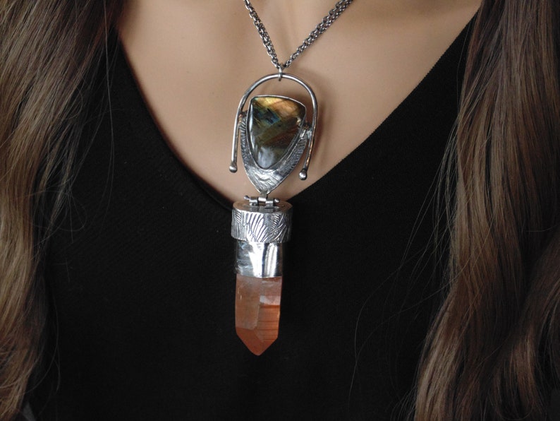 Large Rare Tangerine Lemurian Seed Quartz Hand Forged Sterling Silver Labradorite Talisman Necklace image 6