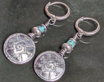 Sterling Silver & Turquoise Mayan Unity Hunab Ku  Hoop Earrings