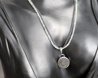 Green Fluorite and Sterling Silver Crescent Moon Flower Necklace