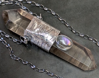 Huge Double Terminated Smokey Lemurian Seed Quartz Protection Talisman Etched Egyptian Eye with Labradorite Pendant Necklace