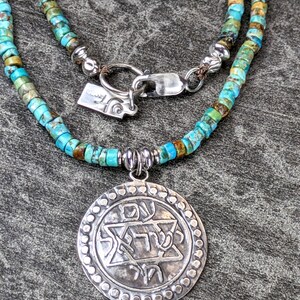 Collier talisman/amulette de manifestation de la solidarité ancestrale chai Am Yisrael en turquoise et argent sterling gravé image 3