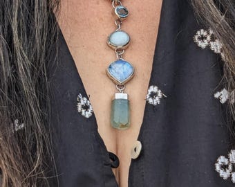 INTUITION - Sterling Silber Aquamarin Regenbogen Mondstein, weißer Mondstein & Blautopas Talisman Chakra Heilung Halskette