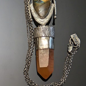 Large Rare Tangerine Lemurian Seed Quartz Hand Forged Sterling Silver Labradorite Talisman Necklace image 4