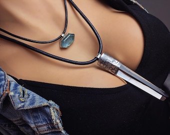 Huge Smokey Lemurian Quartz Crystal with Aquamarine Talisman Necklace