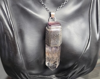 Mayan Moon Goddess - Lepidolite & Powellite Crystal UV Reactive Crown Chakra Healing - Hand Forged Etched Sterling Silver  Talisman Necklace