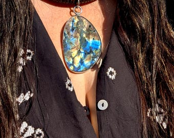 Riesige Feuerblau Gelb Orange Labradorit Sterling & Feinsilber und Leder Halskette - Ethnische Statement Boho Tribal Halskette