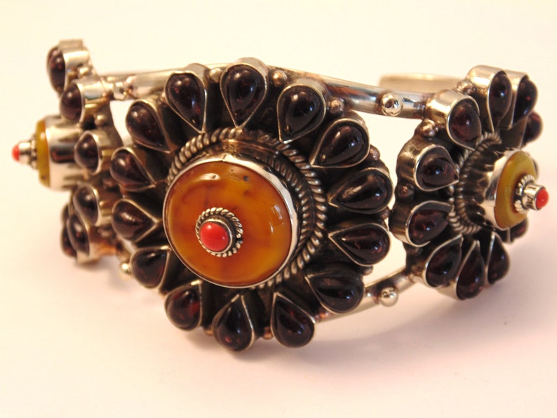Boho Gypsy Ethnic Statement Bracelet Large Tibetan Silver Garnet Copal /& Coral Cuff Bracelet