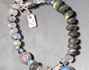 Hand geschmiedet Sterling Mondstein Labradorit Aquamarin Armband