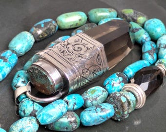 Maori Tribal Schildkröte, Türkis Smokey Lemurian Quarz Sterling Talisman Halskette