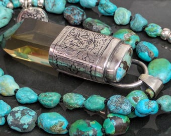 Weißer Büffelkalb Frau Earth Guardian Natürliche Citrin, Türkis Sterling Talisman Halskette