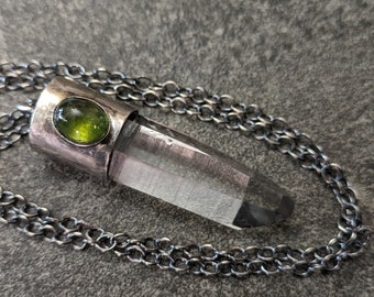 Lemurian Seed Quartz & Peridot Fine Silver and Sterling Talisman Necklace