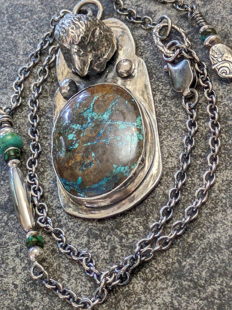 ONE OF A KIND Sand Cast Hawk Totem Pendant with Turquoise Fine Silver and Sterling Talisman Necklace Amulet Talisman image 2