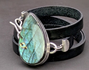 Labradorite Sterling Silver Leather Wrap Bracelet