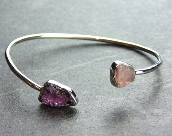 Sterling Silver Raw Rose Quartz & Garnet Bracelet