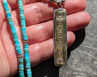 Turquoise Sterling Silver & Bronze Etched Avracadabra " I will create as I speak" Manifestation Talisman/ Amulet Necklace