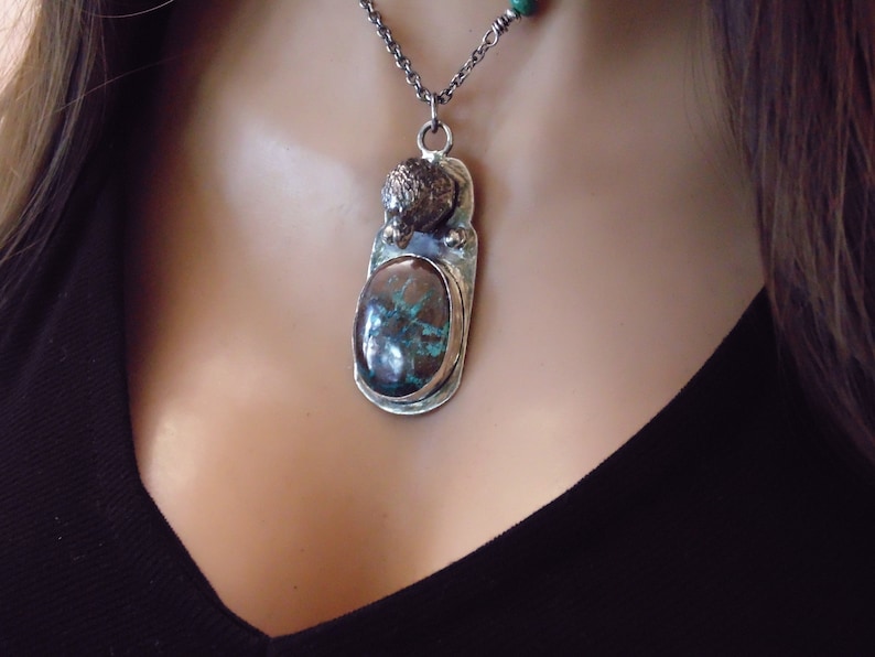 ONE OF A KIND Sand Cast Hawk Totem Pendant with Turquoise Fine Silver and Sterling Talisman Necklace Amulet Talisman image 4