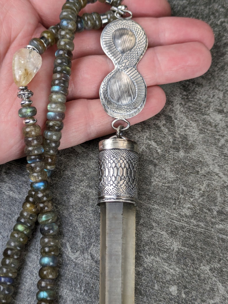 Wisdom Seeker Large Natural Citrine and Labradorite Hand Forged Sterling Silver Talisman Cobra Solar Plexus Chakra Necklace image 5