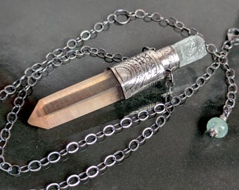 Sterling Silber Etierte Maori Tribal Tangerine Lemurian Quarz & Aquamarin Talisman Halskette