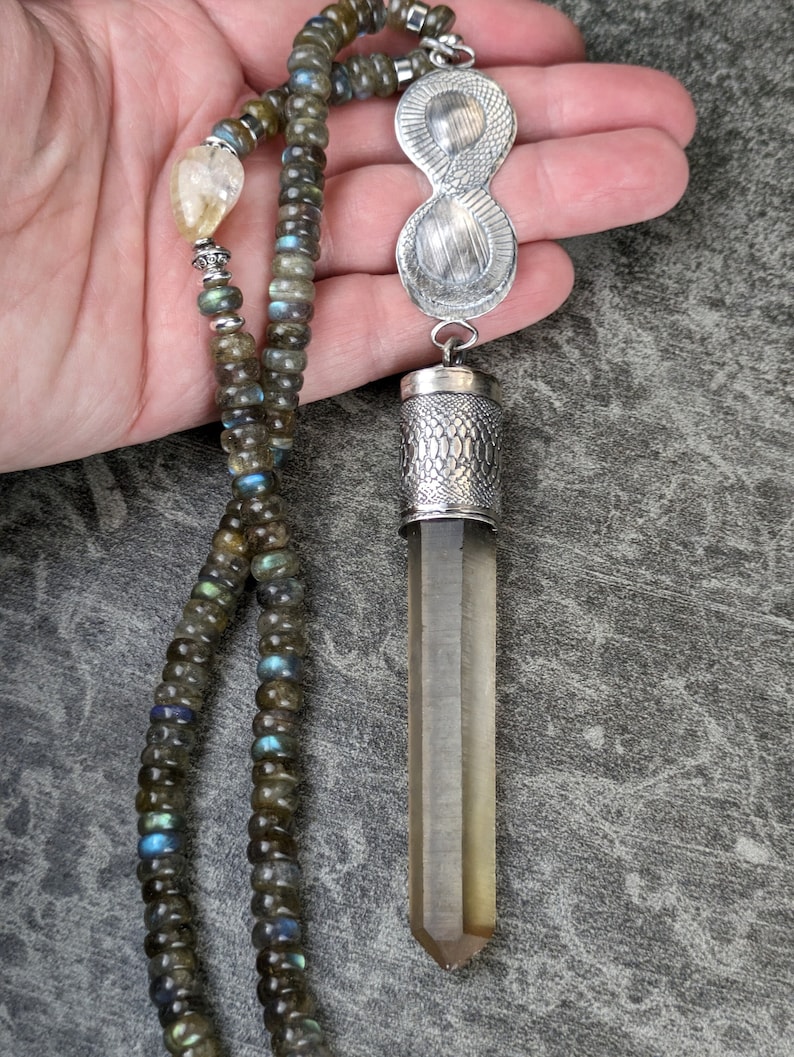 Wisdom Seeker Large Natural Citrine and Labradorite Hand Forged Sterling Silver Talisman Cobra Solar Plexus Chakra Necklace image 1