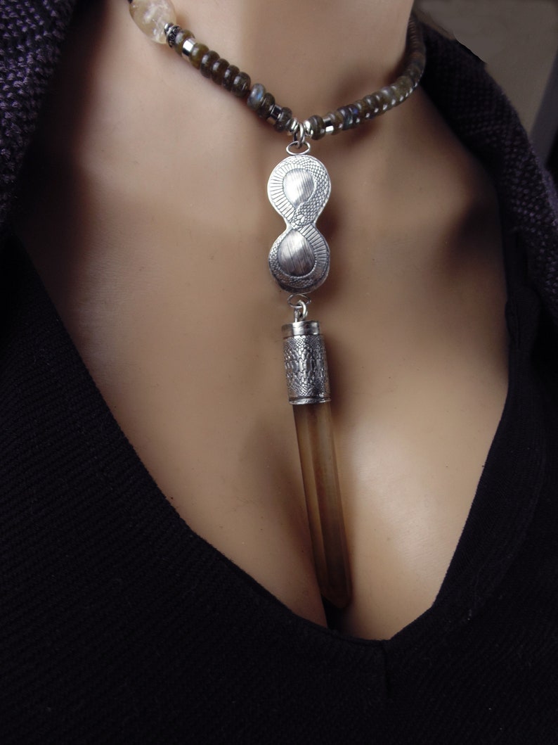 Wisdom Seeker Large Natural Citrine and Labradorite Hand Forged Sterling Silver Talisman Cobra Solar Plexus Chakra Necklace image 3