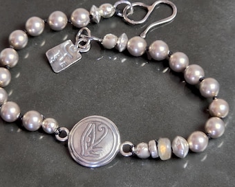 Large Size 8.5 Sterling Silver Freshwater Pearl Egyptian Eye Protection Amulet Bracelet