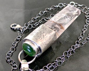 INTUITION - Große UV-aktive Powellit & Jade Feinsilber und Sterling Lotus Blume Talisman Halskette