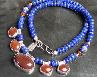 Only For A Queen - Sterling Silver Lapis  & Carnelian Talisman/ Amulet Necklace