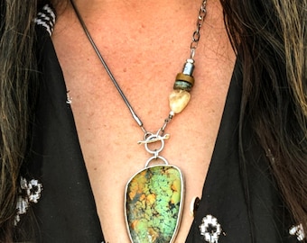 Wunderschöne Gelber Türkis Sterling & Feinsilber Talisman Halskette - Ethnische Statement Boho Tribal Halskette