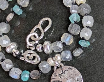Labradorite Aquamarine Citrine Sterling Silver Tribal Anklet - Santa Fe Style Boho Ankle Bracelet