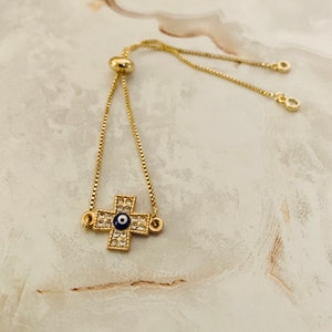 Evil Eye cross bracelet, Evil Eye protection bracelet, Greek evil eye, Cross with evil eye bracelet, Stacking bracelets, Evil Eye Gifts