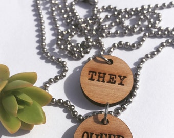 Smaller wooden THEY pronoun charm necklace